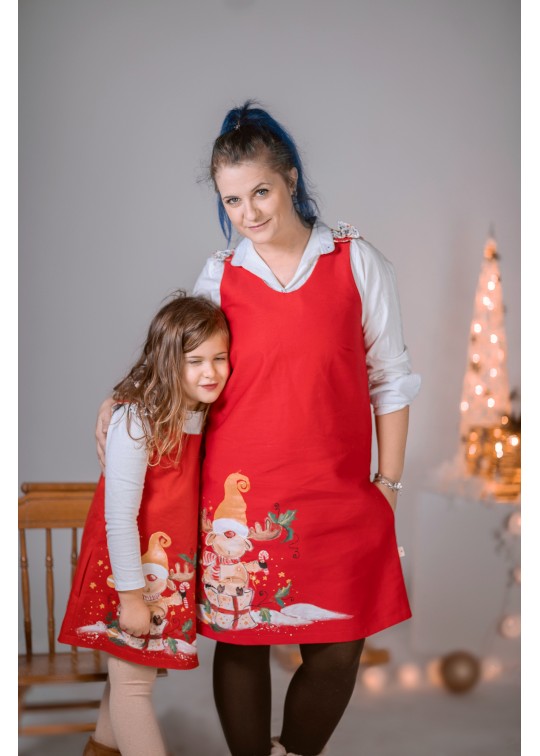 Sarafan bumbac pentru femei - Rosu aprins cu tema de Craciun - renul vesel