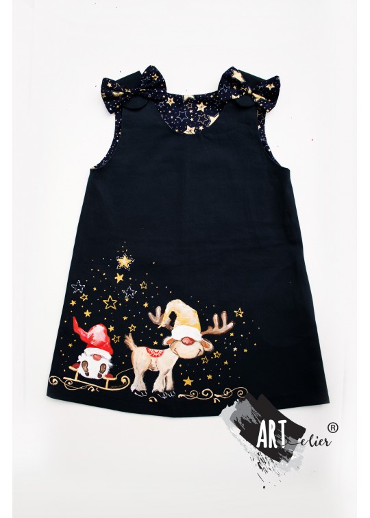 Sarafan bumbac pentru copii cu tema de Craciun Albastru Navy si Stele Aurii - EDITIE LIMITATA