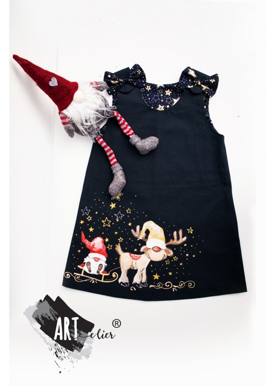 Set Craciun sarafan bumbac pentru copii Albastru Navy si jucarie de plus ren ce canta / gnom haios - EDITIE LIMITATA