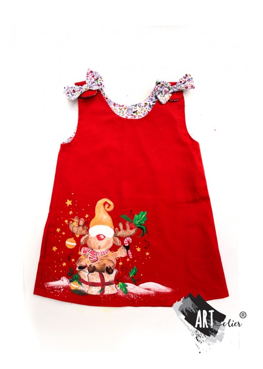 Sarafan bumbac rosu, pentru copii cu tema de Craciun - renul vesel