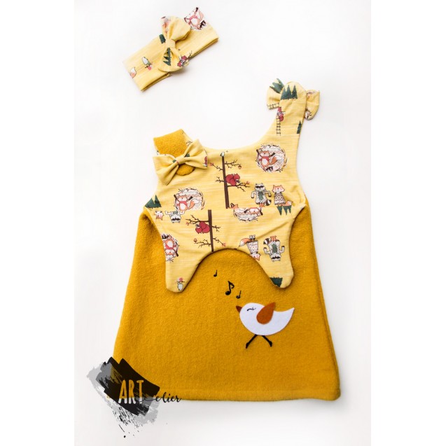 Boiled Wool Sundress for girls, yellow, with sheep toy 