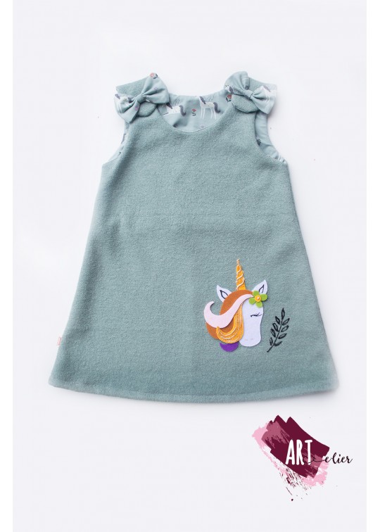 Sarafan copii din lana fiarta menta cu unicorn - oita plus CADOU - SOLD OUT