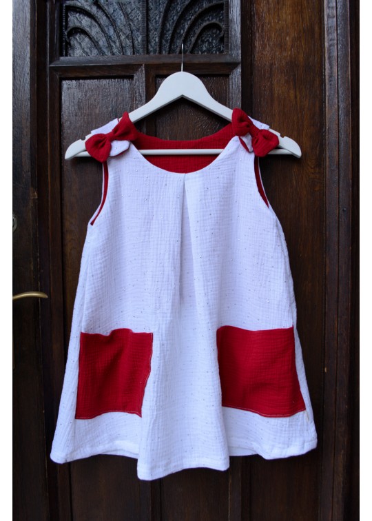 Rochita copii, vaporoasa, de vara, din muselina dubla - alb cu accente argintii si rosu visina