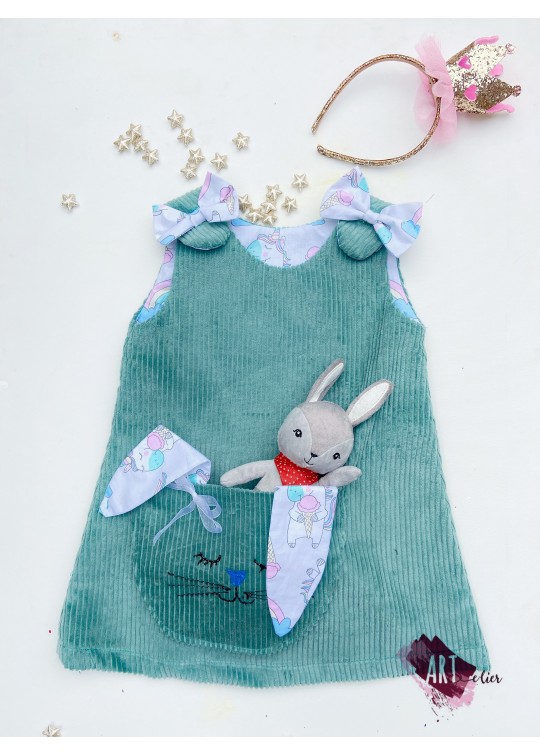 Sarafan copii, din bumbac raiat, turcoaz cu model iepuras