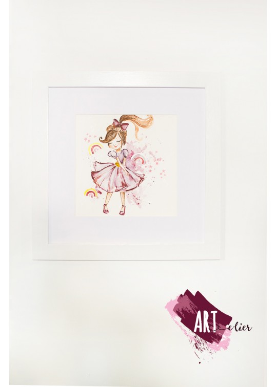 Ilustratie originala cu balerina, pentru camera copilului, inramata , 35x35 cm