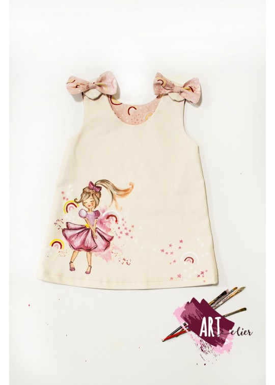 Rochita sarafan pentru copii, pictata manual, culoare beige cu balerina  