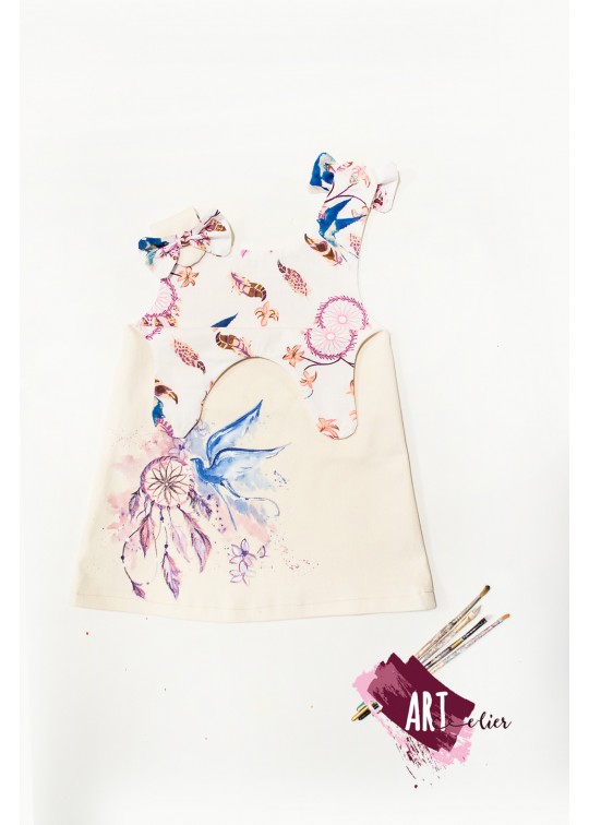 Sarafan copii, pictat manual, culoare beige cu dreamcather