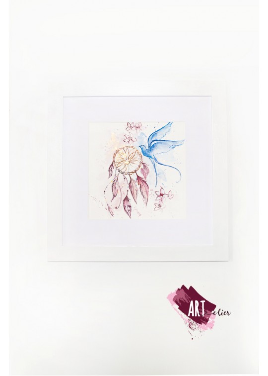 Ilustratie originala cu randunica si dreamcatcher, pentru camera copilului, inramata , 35x35 cm