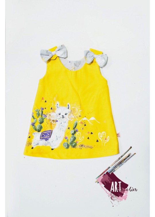 Sarafan copii, pictat manual, culoare galben cu alpaca jucausa 