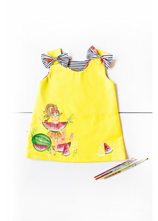Sarafan copii, pictat manual, culoare galben cu pepene rosu
