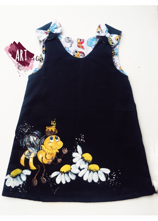 Sarafan copii, pictat manual bleumarin cu albinuta