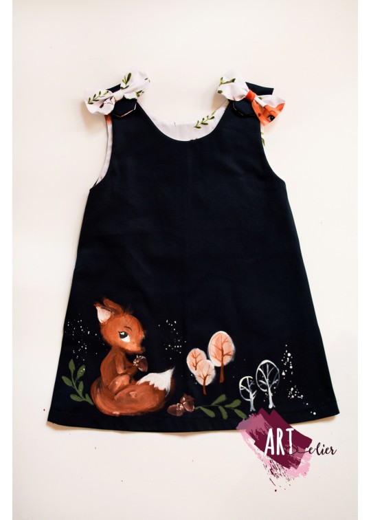 Sarafan copii, pictat manual bleumarin cu veverita