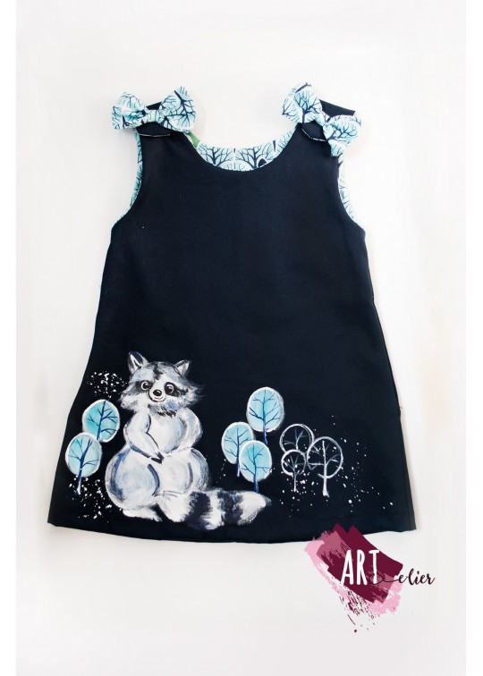 Sarafan copii, pictat manual bleumarin cu raton