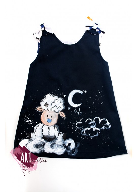 Sarafan copii, pictat manual bleumarin cu oaie somnoroasa