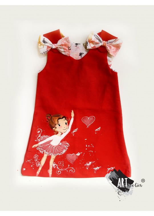Sarafan copii, pictat manual, rosu cu balerina