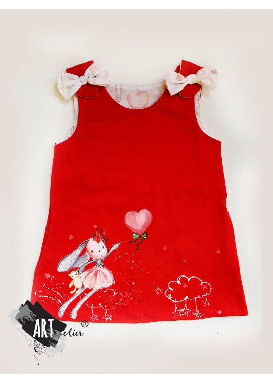 Sarafan copii, pictat manual , rosu cu Papusa-iepuras balerina