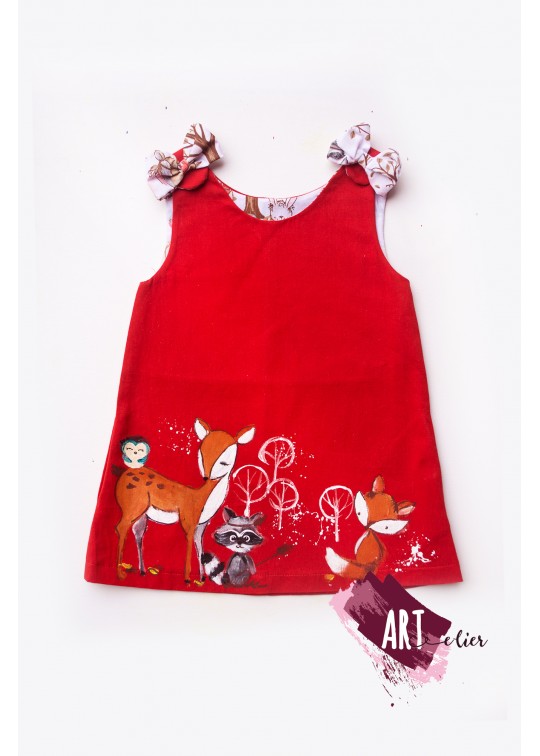Sarafan copii, pictat manual, rosu cu caprioare