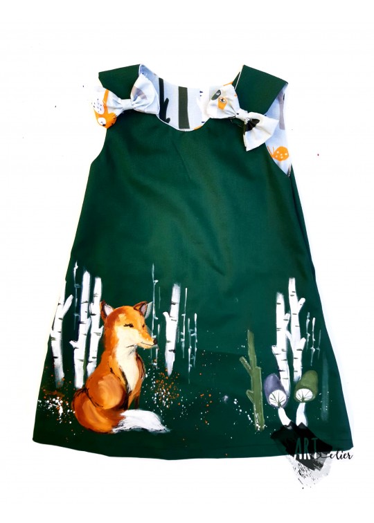 Sarafan copii, pictat manual, verde cu vulpe