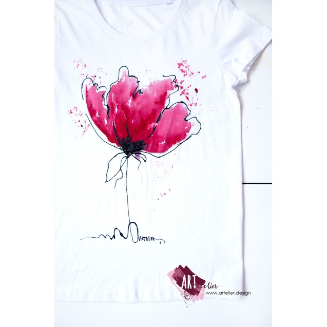 Hand-painted women's T-shirt Burgundy Red Flower