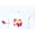 Hand-painted women's t-shirt with cyclam butterflies and golden accents