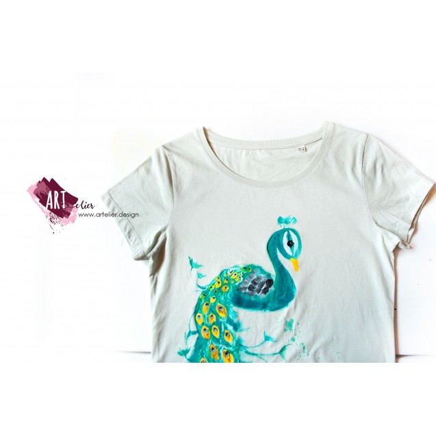 Women's hand-painted Regal Peacock t-shirt, mint colour - LIMITED EDITION