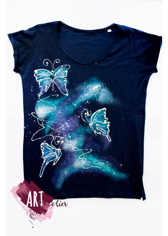 Tricou pictat manual Cosmic Butterflies
