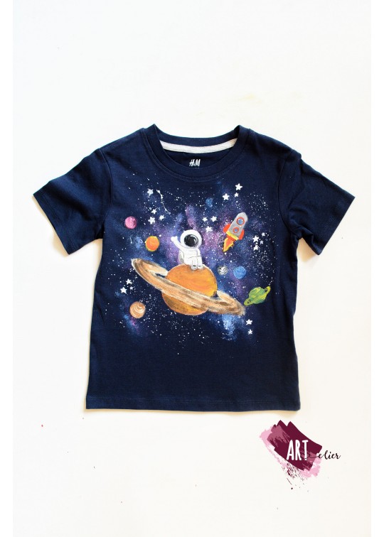 Tricou copii, din bumbac, culoare albatru navy, pictat manual cu galaxii