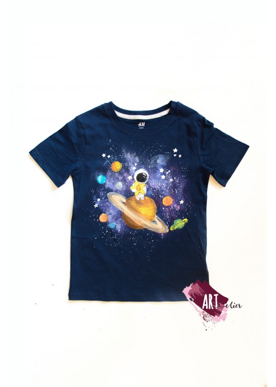 Tricou copii, din bumbac, culoare albatru navy, pictat manual cu astronaut si stea