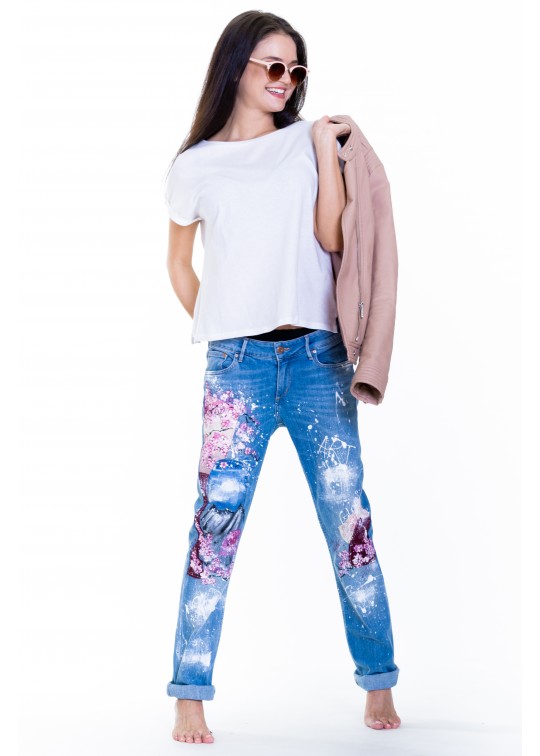 Blugi UPcycled ARTistic Flori de cires