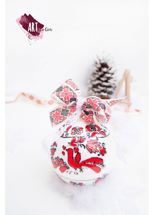 Glob de sticla, pictat manual "Traditional floral" - rosu