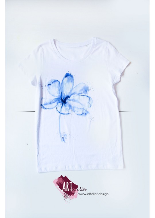 Tricou dama pictat manual Floare Alba - acuarela Tricou dama pictat manual Floare Alba - acuarela